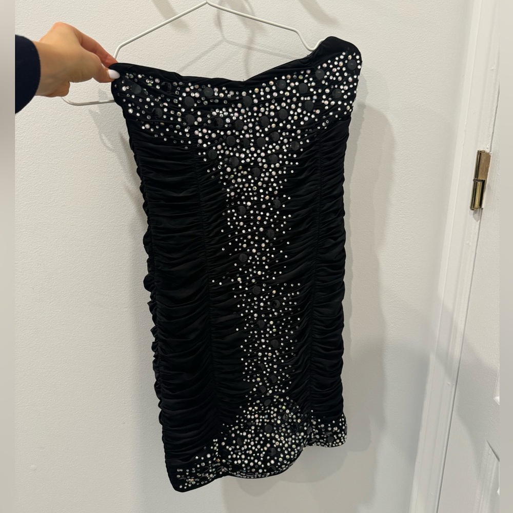 Black Ruched Dress with Silver Embellishments